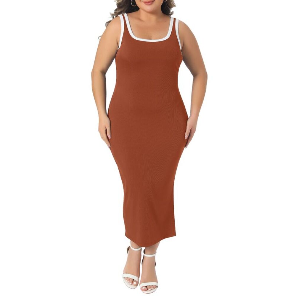 Women Plus Size Square Neck Contrast Sleeveless Tank Dresses Orange